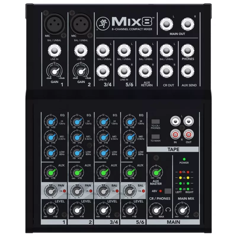 Mikser Mackie Mix8 — 8-kanałowy kompaktowy mikser analogowy, 20–30000 Hz, impedancja wejściowa mikrofonu 3800 Ω, 198×244×53 mm