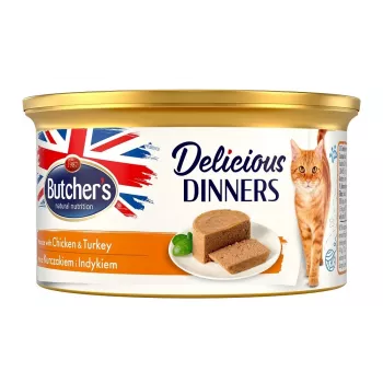 Mokra karma dla kota – mus z kurczakiem i indykiem BUTCHER'S Delicious Dinners, 85 g, bez zbóż, bez glutenu