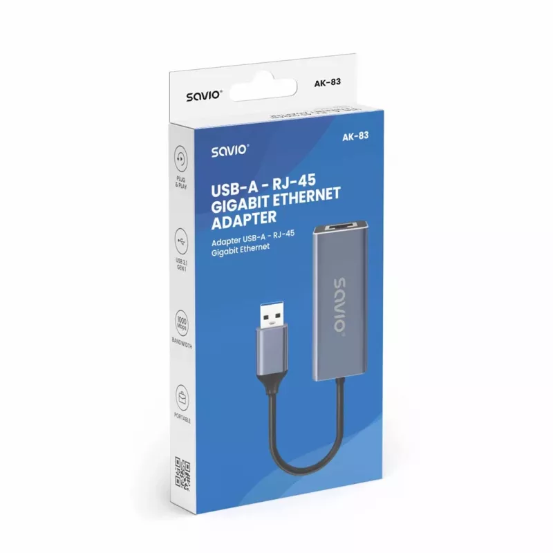 Karta sieciowa SAVIO AK-83 USB-A na RJ-45 męski, 5 Gbit/s, czarna
