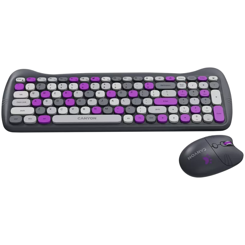 Bezprzewodowy zestaw klawiatura i mysz CANYON HSET-W6 Kitty Edition – fioletowy