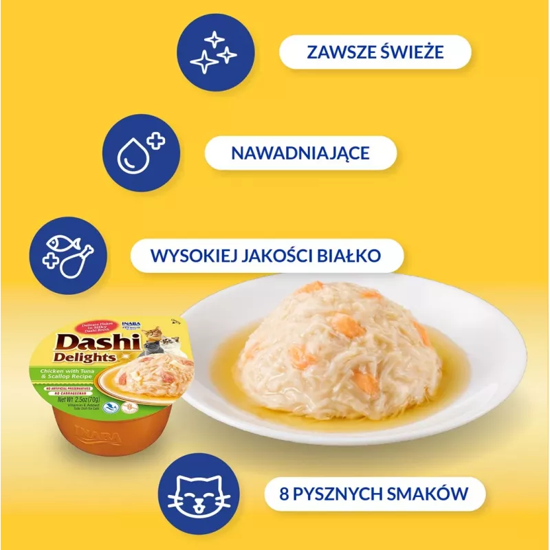 Przysmak dla kota INABA Dashi Delights bulion z kurczakiem, tuńczykiem i przegrzebkami 70 g — mokry przysmak dla kota, 88% wilgotności, 11% białka