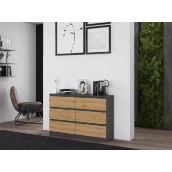 Komoda top e shop M6 120 — antracyt/dąb, 6 szuflad, 1200×300×770 mm, płyta wiórowa