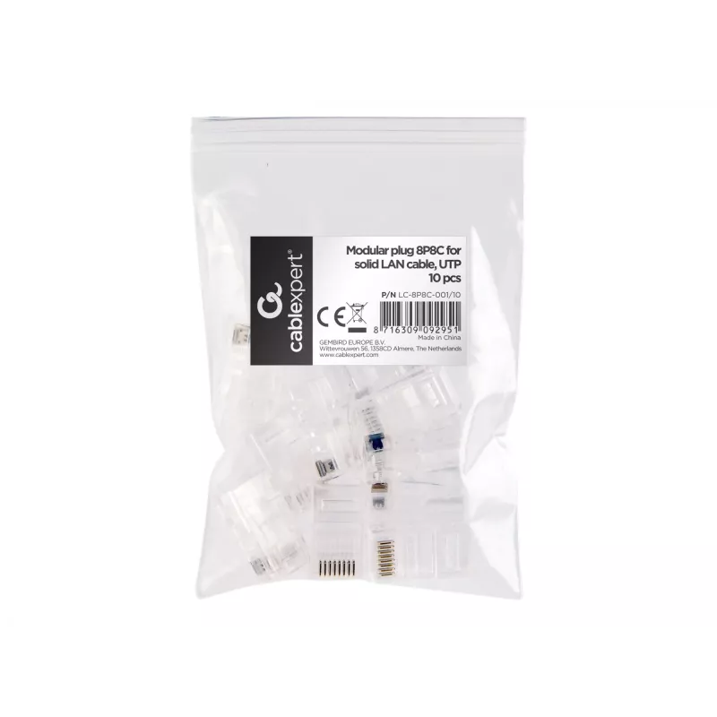 Wtyk modularny 8P8C do kabla LAN litego CAT5, UTP, 10 szt. w opakowaniu | Wtyk modularny 8P8C RJ45, pozłacany 30u”, 3-zębne styki wewnętrzne do kabli litych LAN