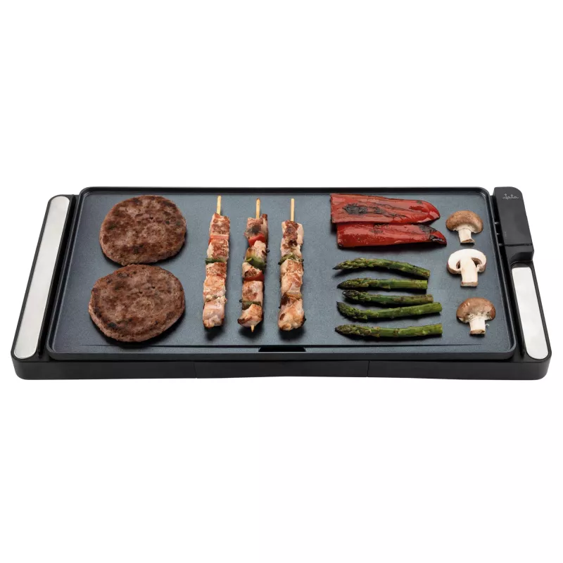 Grill kontaktowy Jata JEGR1245 — 2200 W, sterowanie obrotowe, prostokątny 655×255 mm, czarny/srebrny