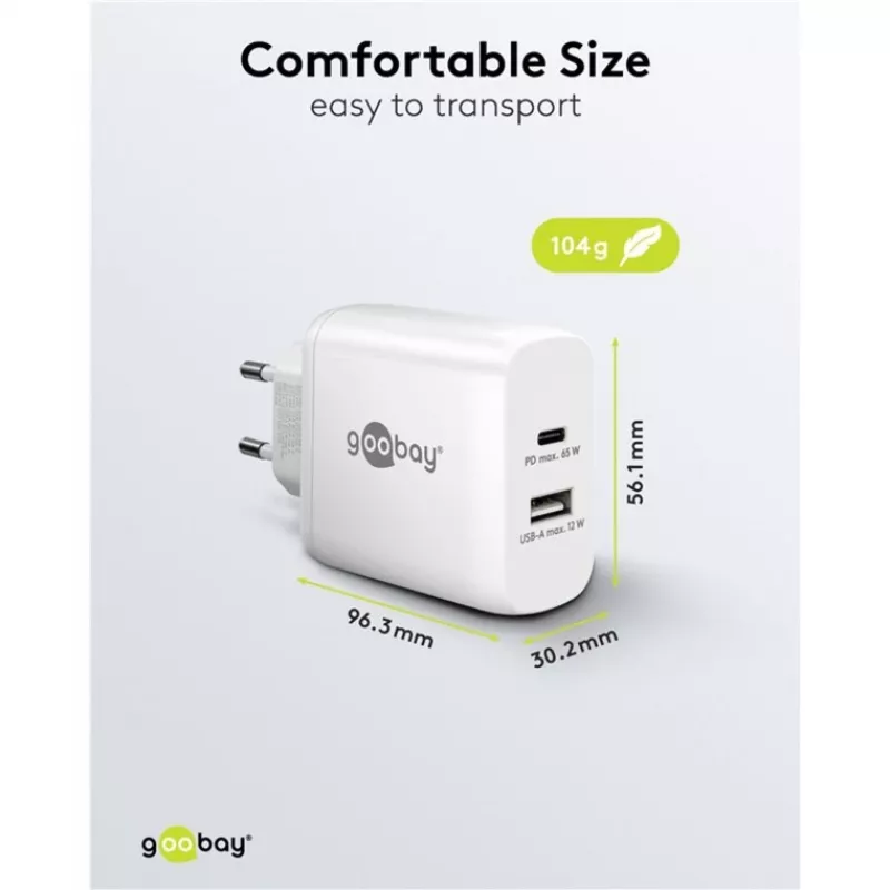 USB-C Dual-Fast Charger, PD, GaN, 65 Watt (biały, 1x USB-C, 1x USB-A, Power Delivery)