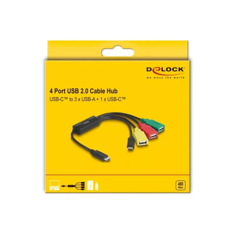 DeLOCK 4-portowy koncentrator kablowy USB 2.0 USB Type-C na 3 x USB-A żeński + 1 x USB-C męski
