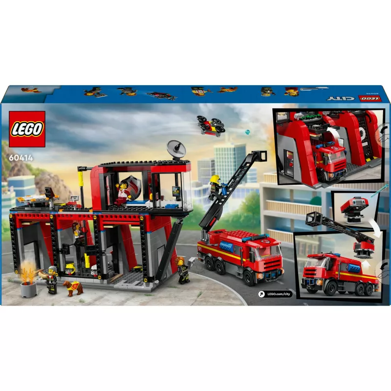 Zabawka konstrukcyjna LEGO City Remiza strażacka z pojazdem z drabiną obrotową 60414 — 843 elementy, 5 minifigurek, 220×320×140 mm