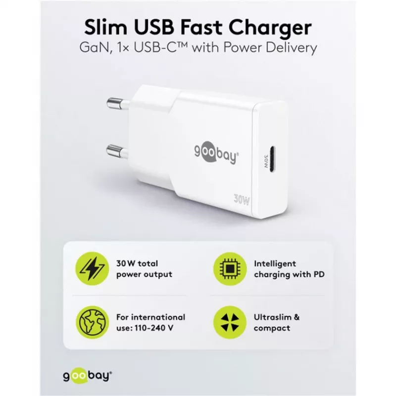 USB-C PD GaN Fast Charger cienki (30 W) (Biały)