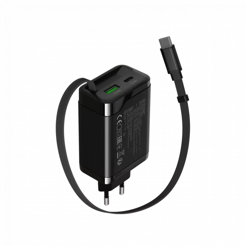 Ładowarka CANYON OnCharge 65RC z wbudowanym kablem USB-C, 65 W, 1x PD, 1x QC, wtyczka EU, czarna