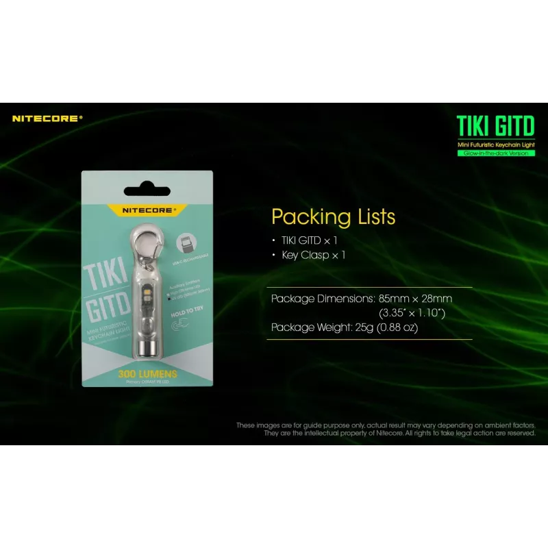 Latarka na klucze Nitecore TIKI GITD szara — ładowanie USB, 1 lm, 55 mm, 12 g, IP66