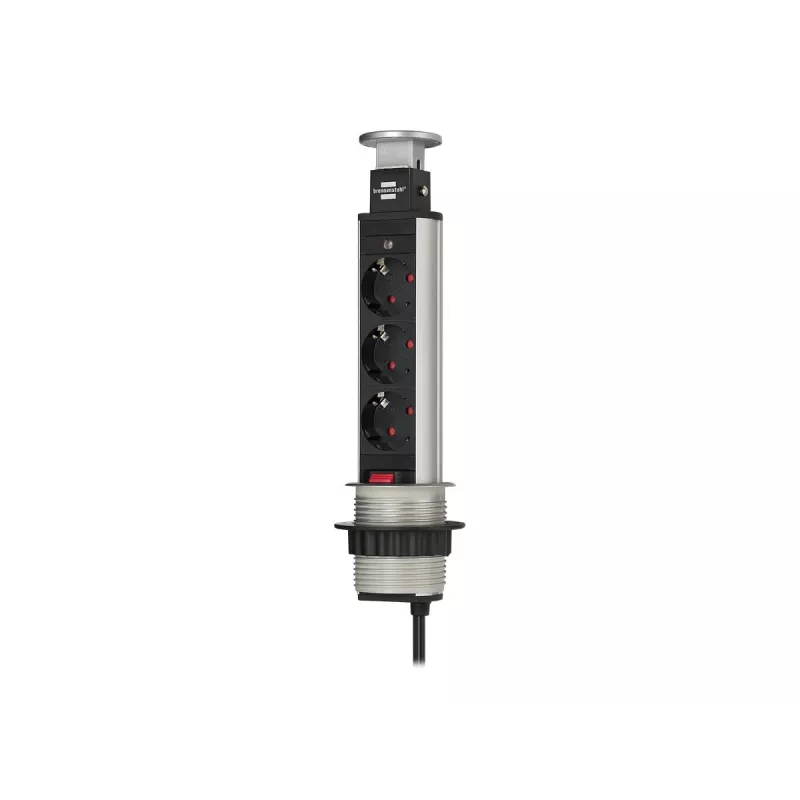 Brennenstuhl Tower Power Table Extension Socket - Przedłużacz - 3 gniazda wyjściowe - 2,0m - Czarny, Aluminium (1396200003)