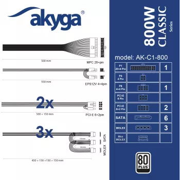 Zasilacz ATX Akyga Classic AK-C1-800 800 W, 80 PLUS, aktywne PFC, wentylator 120 mm