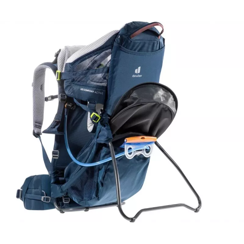 Plecak do noszenia dziecka DEUTER Kid Comfort Active — niebieski, poliamid, do 22 kg, daszek przeciwsłoneczny, podnóżek, VariQuick, Lite Air