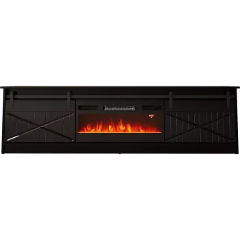 Stojak pod telewizor z kominkiem Cama Meble GRANERO — 200 x 56,7 x 35 cm, czarny/czarny połysk, 2 drzwi, 2 półki, drzwi przesuwne, MDF/płyta wiórowa