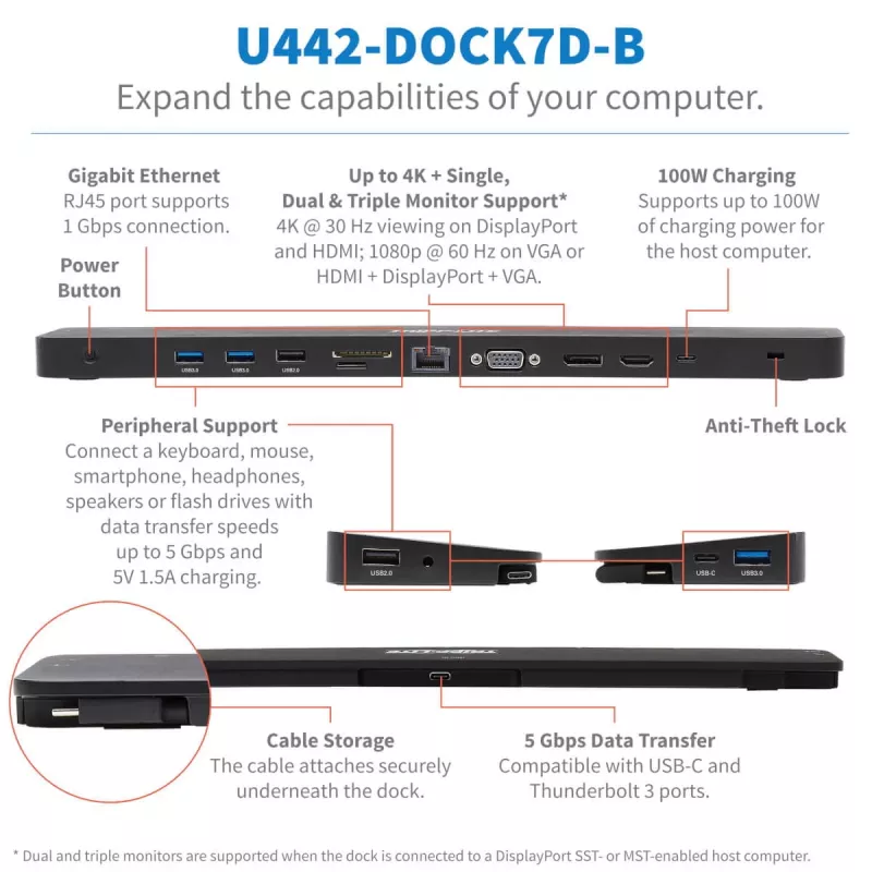 Stacja dokująca USB-C, potrójny wyświetlacz – 4K HDMI i DP, VGA, USB 3.2 Gen 1, koncentrator USB-A/C, GbE, ładowanie PD 100 W