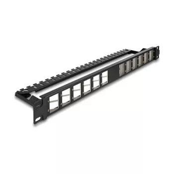 DELOCK 19 calowy keystone panel krosowy 24-portowy kątowy z odciążeniem, 1U, czarny, 482,6×125,5×44,2 mm