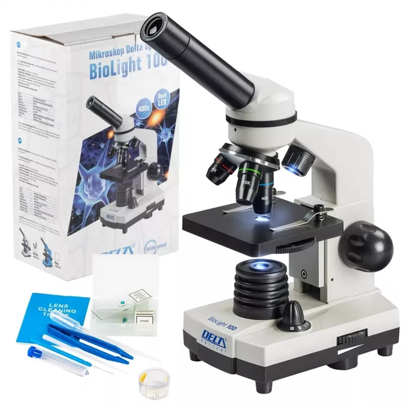 Mikroskop optyczny złożony Deltaoptical DO-3210 — monokularowy, 3 obiektywy achromatyczne, oświetlenie LED, 40–400×, głowica nachylana pod kątem 45° i obrotowa
