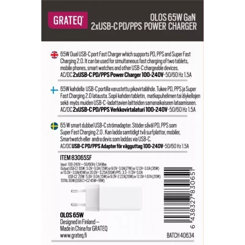 Ładowarka GRATEQ OLOS PD/PPS 2xUSB-C 65W Szybka ładowarka 35W