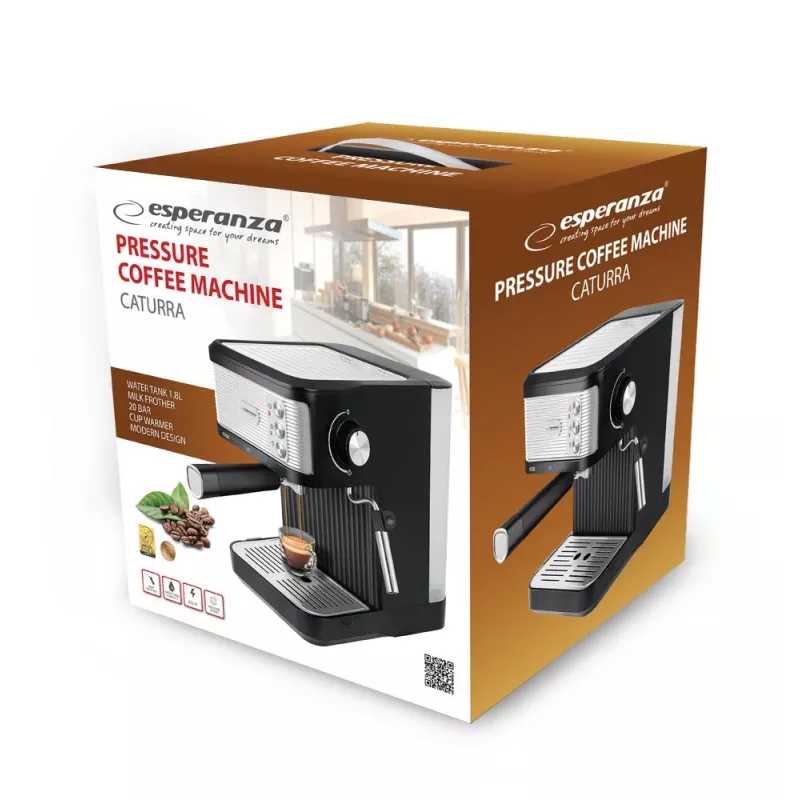 Ekspres do kawy espresso ESPERANZA EKC011 — zbiornik na wodę 1,8 l, 850 W, 20 barów, sterowanie dotykowe, spieniacz mleka