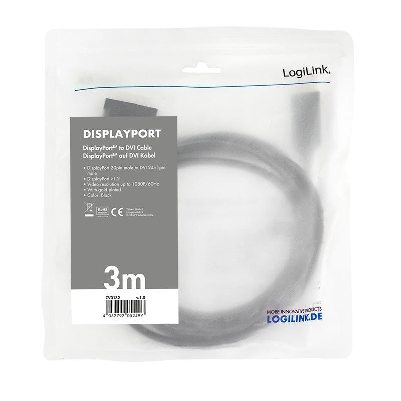 adapter kablowy wideo LogiLink CV0132 DisplayPort na DVI 3m Czarny