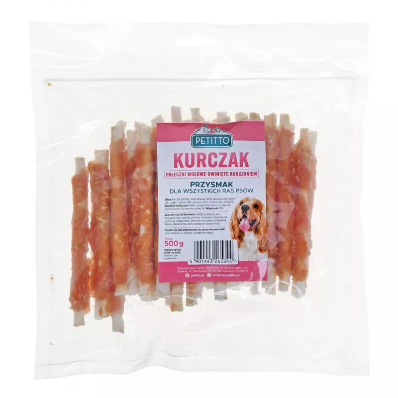 Przysmaki dla psa PETITTO Chicken wrapped chopsticks 500 g — pałeczki do żucia o smaku kurczaka, 60% białka, 18% wilgotności