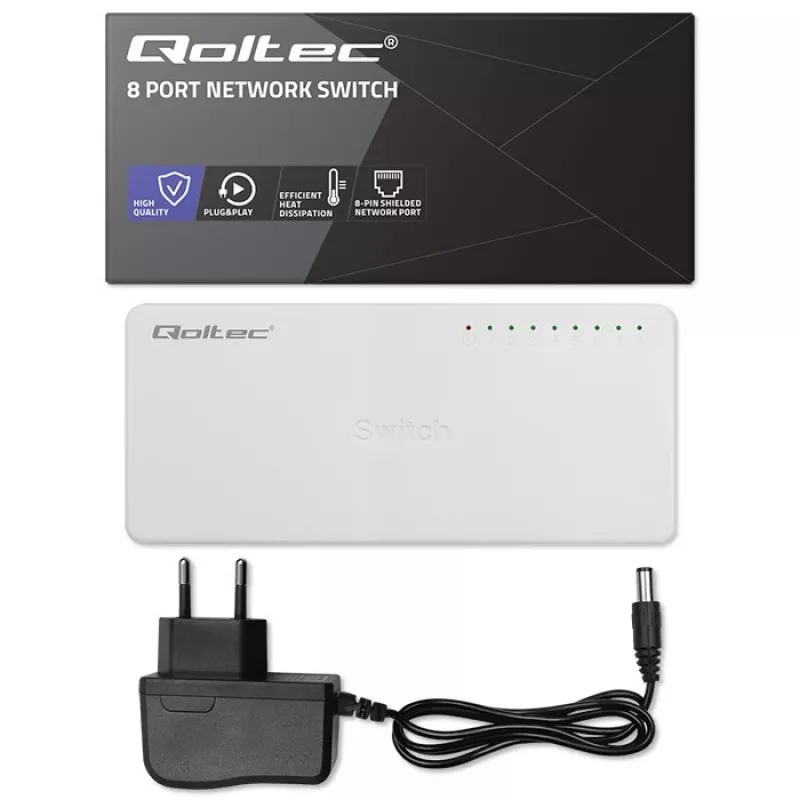 Przełącznik sieciowy QOLTEC 52246 — 8 portów RJ45, 100 Mbps