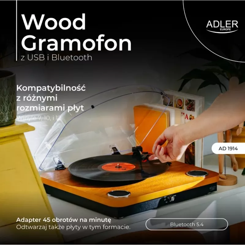 Gramofon analogowy z napędem paskowym Adler AD 1914 z portem USB, talerzem ceramicznym, silnikiem prądu stałego, prędkością 33 1/3 obr./min, Bluetooth 5.4, wyjściami RCA, wbudowanymi głośnikami