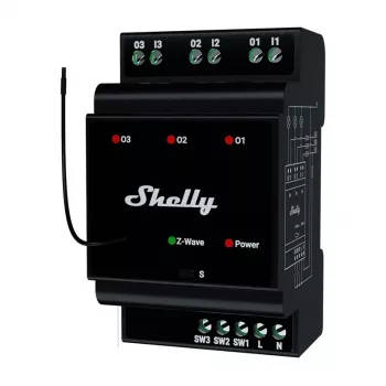 Przekaźnik inteligentny na szynę DIN Shelly WavePro3 3-kanałowy Z-Wave, 110–240 V, 25 A na kanał, AES-128, montaż na szynie DIN