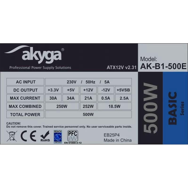 Zasilacz ATX Akyga AK-B1-500E 500 W, wentylator 120 mm, 20+4 pin ATX, 3× SATA, pasywny PFC