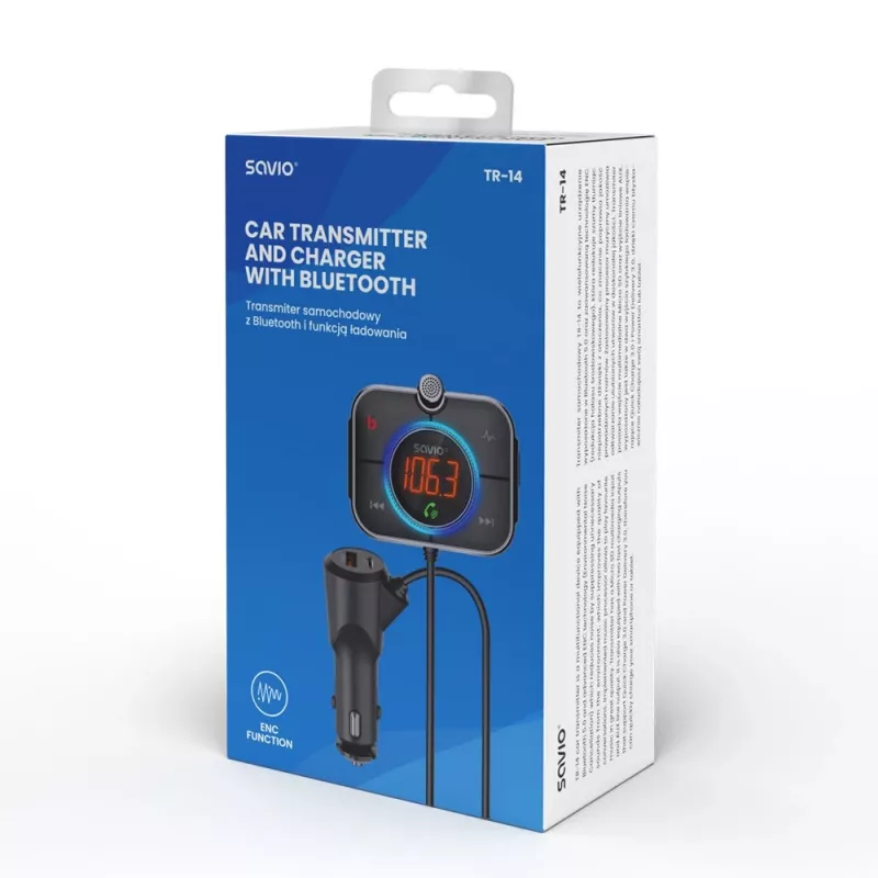 FM transmitter SAVIO TR-14 Bluetooth USB, FM 87.6–107.9 MHz, MicroSD, USB-C, 12 V car power
