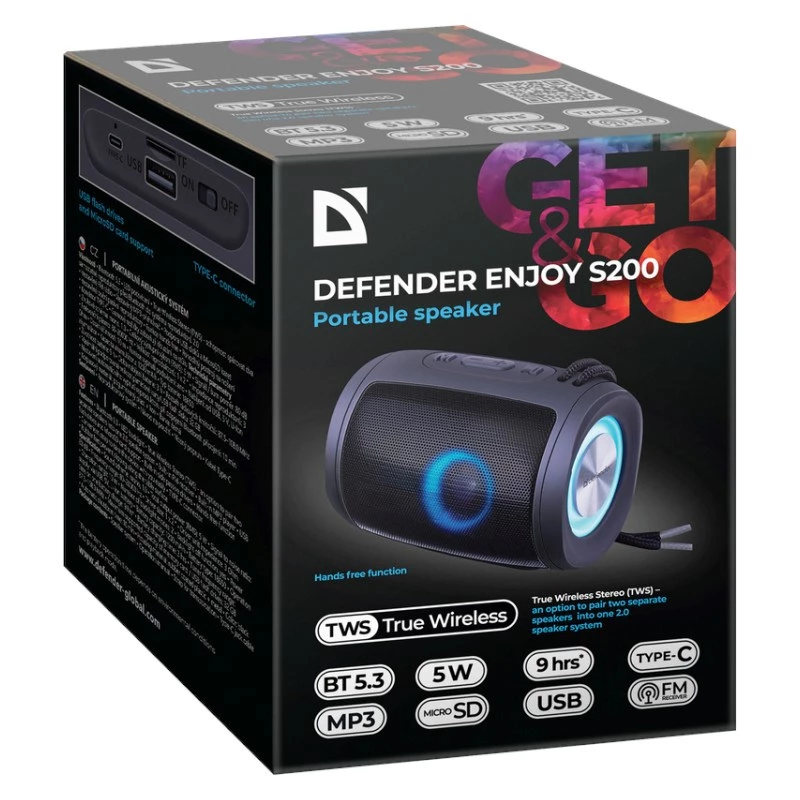 Przenośny głośnik Bluetooth DEFENDER Ejoy S200 TWS 2.0, 5 W, Bluetooth 5.3, LED, 10 h baterii, wbudowany mikrofon