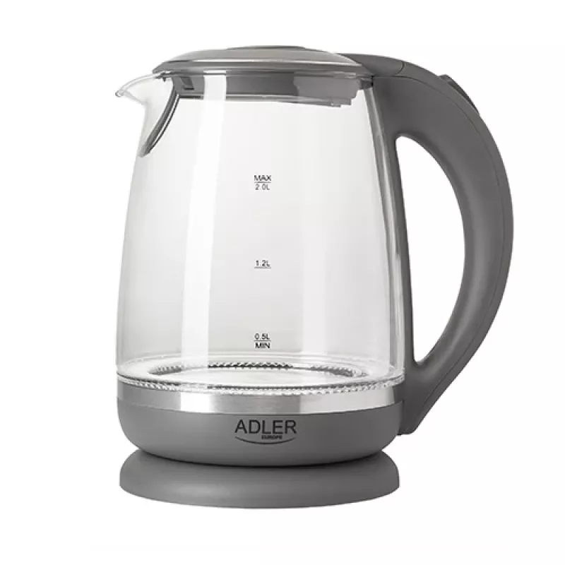 Adler | Czajnik | AD 1286 | Standard | 2200 W | 2 L | Plastik/Szkło | Obrotowa podstawa 360° | Szary/Przezroczysty
