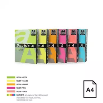 Kolorowy papier neonowy Double A, 75g, A4, 500 arkuszy, Rainbow 4, 5 neonowych kolorów