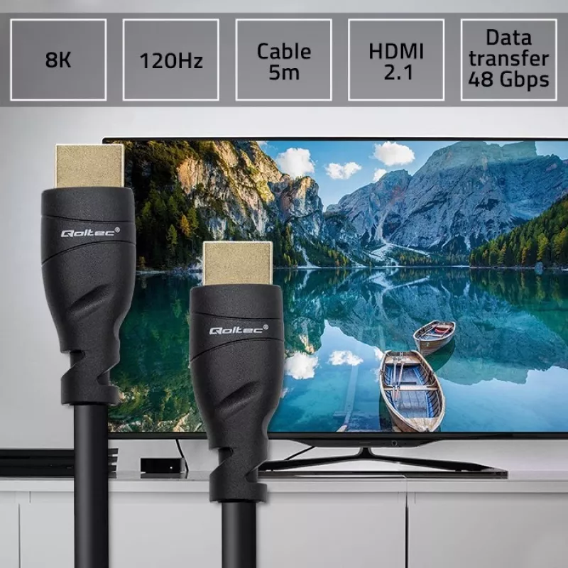 Kabel HDMI 2.1 QOLTEC 5 m — 48 Gbit/s, 8K@60Hz, 26AWG, pozłacane złącza