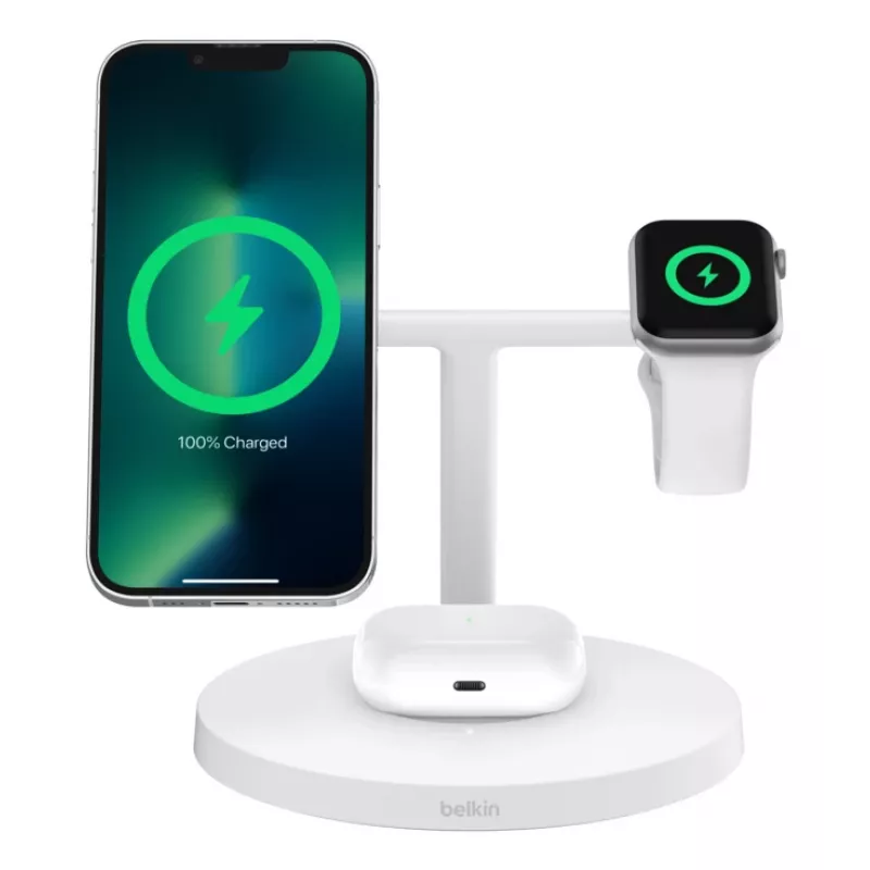 Belkin BoostCharge Pro Ładowarka Bezprzewodowa 3w1 do Słuchawek, Smartfona i Smartwatcha, Biała, Szybkie Ładowanie, Wewnętrzna