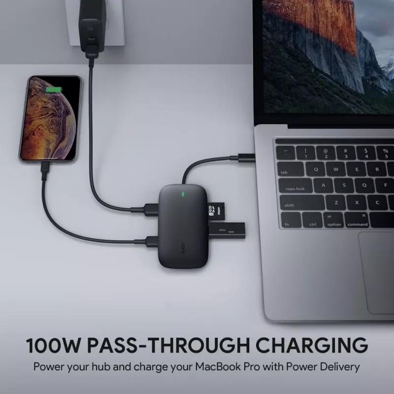Stacja dokująca do laptopa AUKEY CB-C71 — 3x USB‑C (USB 3.2 Gen1), HDMI, RJ‑45, MicroSD, USB PD 100 W, kabel 0,15 m, czarna