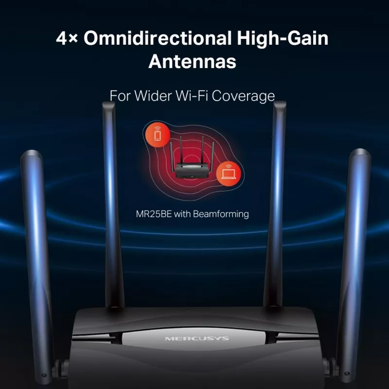 Router biurkowy MERCUSYS MR25BE EasyMesh Wi‑Fi 7 dwuzakresowy 2.4/5 GHz, 3600 Mbps, 3× Gigabit LAN, 4 anteny zewnętrzne
