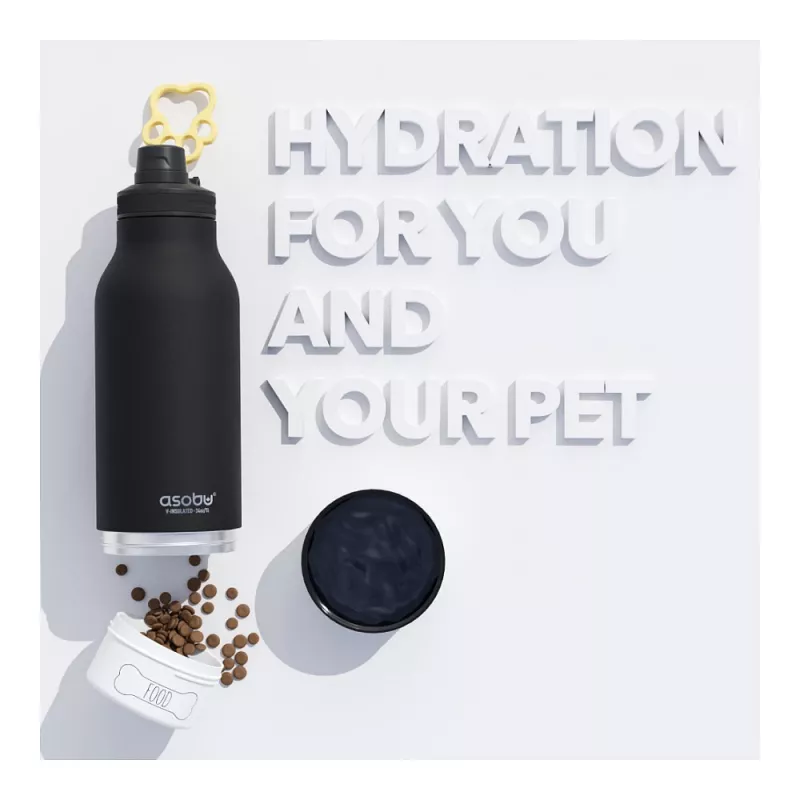 Asobu - Dog Bowl Buddy - Edelstahlflasche mit 2 Näpfen Schwarz