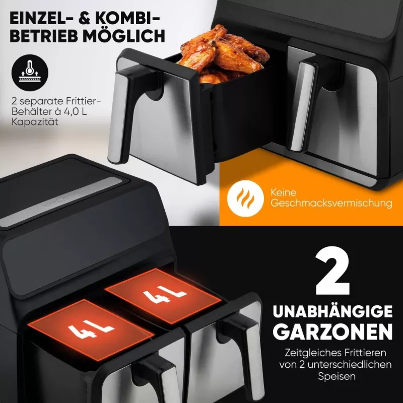 Frytkownica na gorące powietrze ProfiCook PC-FR 1287 H — podwójna 8 L, 2200 W, dotykowa LED, czarna/stal nierdzewna
