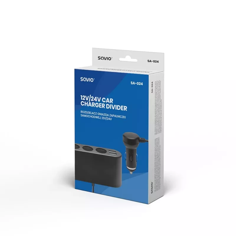Ładowarka samochodowa USB SAVIO SA-024 — uniwersalna ładowarka do urządzeń mobilnych, wejście 12–24 V, wyjście 5 V, czarna, gniazdo zapalniczki