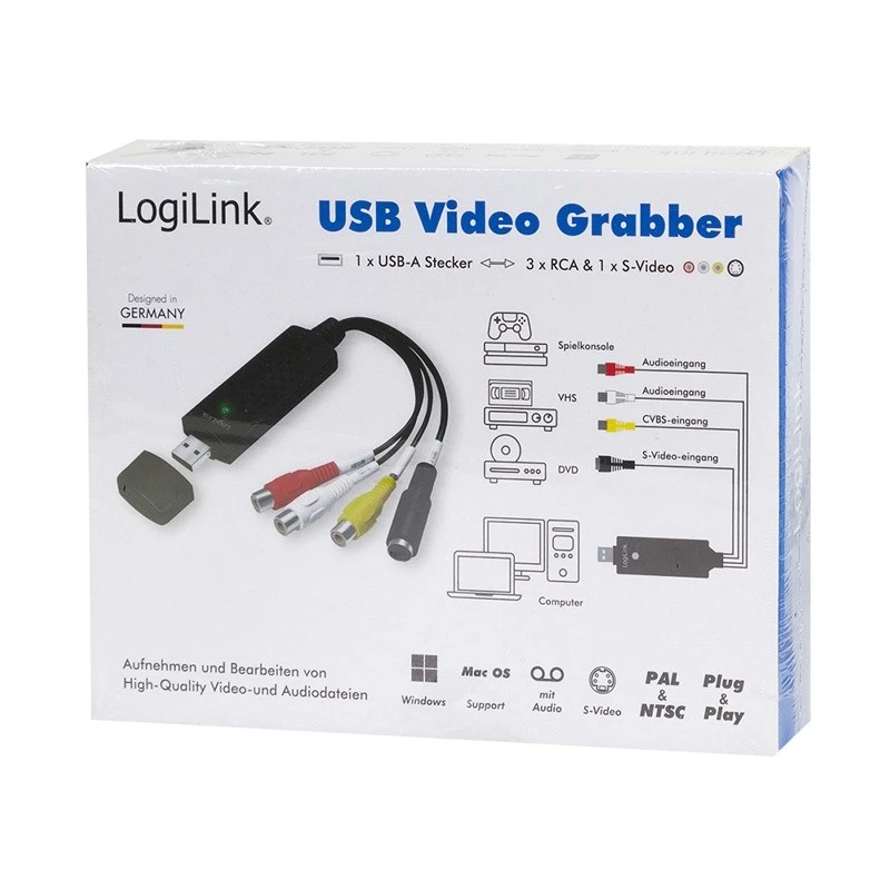 LogiLink USB 2.0 A/V Grabber. USB A/M na 3xCinch + MiniDIN5/F. Czarny
