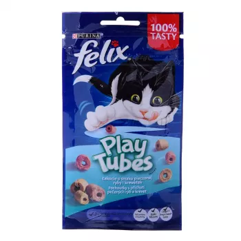 Suchy przysmak dla kota Felix Play Tubes Fish & Shrimps 50 g — tubki-przekąski dla dorosłych kotów, 35% białka, 19,5% tłuszczu