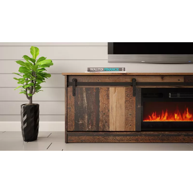 Szafka RTV Cama Meble GRANERO z miejscem na kominek, 2000×567×350 mm, płyta wiórowa/MDF, 2 drzwi przesuwne, matowy stare drewno
