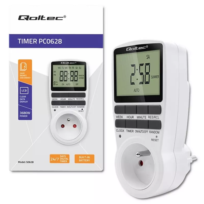 Elektroniczny timer QOLTEC PC0628 z wyświetlaczem LCD, odliczanie 24-godzinne