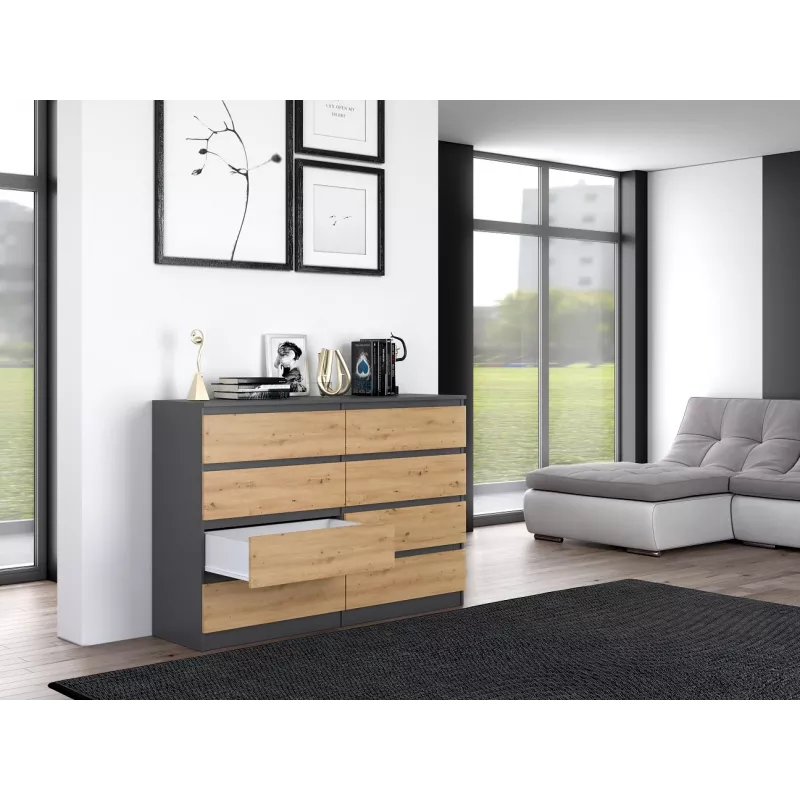 Komoda Top e shop M8 140 ANT/ART — 8 szuflad, Antracyt/Dąb, 1380×400×970 mm, Płyta wiórowa