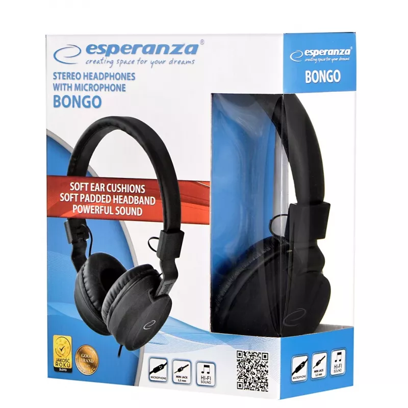 Słuchawki ESPERANZA BONGO EH212K — przewodowe, nauszne, 20–20000 Hz, kabel 1,5 m, czarne