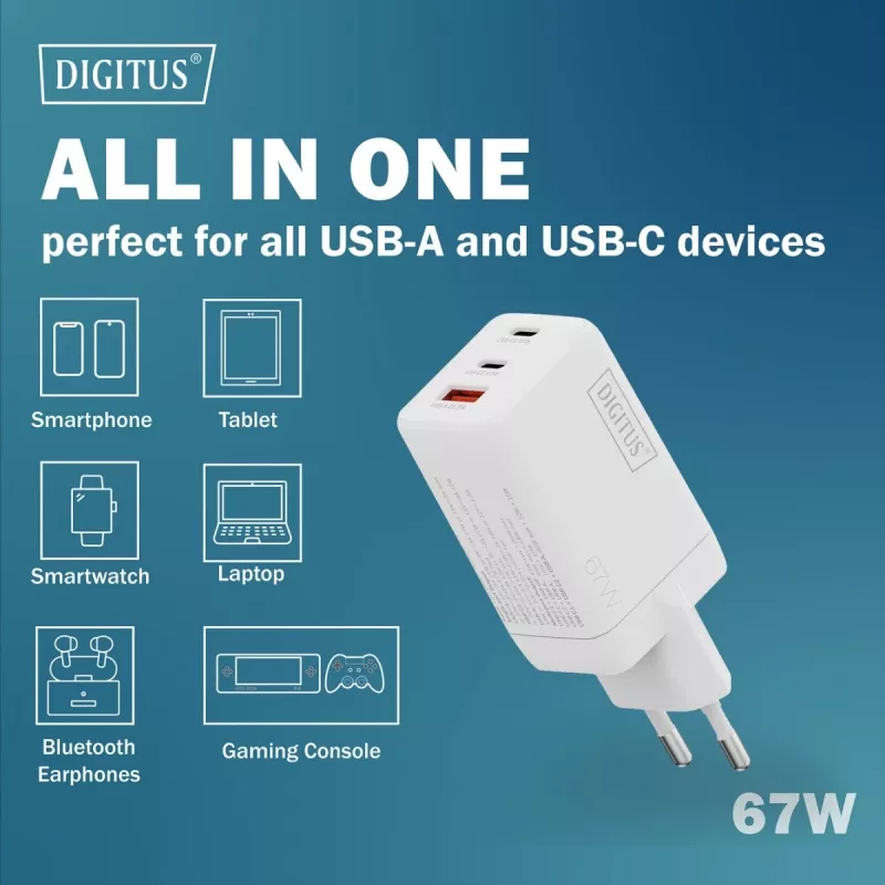 Ładowarka ścienna DIGITUS DA-10303 67W GaN, 2× USB-C + 1× USB-A, 100–240V, biała