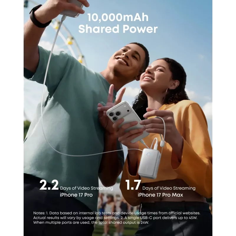 Power bank Anker A1638 10000 mAh, 45 W całkowitej mocy wyjściowej, biały, wbudowany wysuwany kabel USB-C