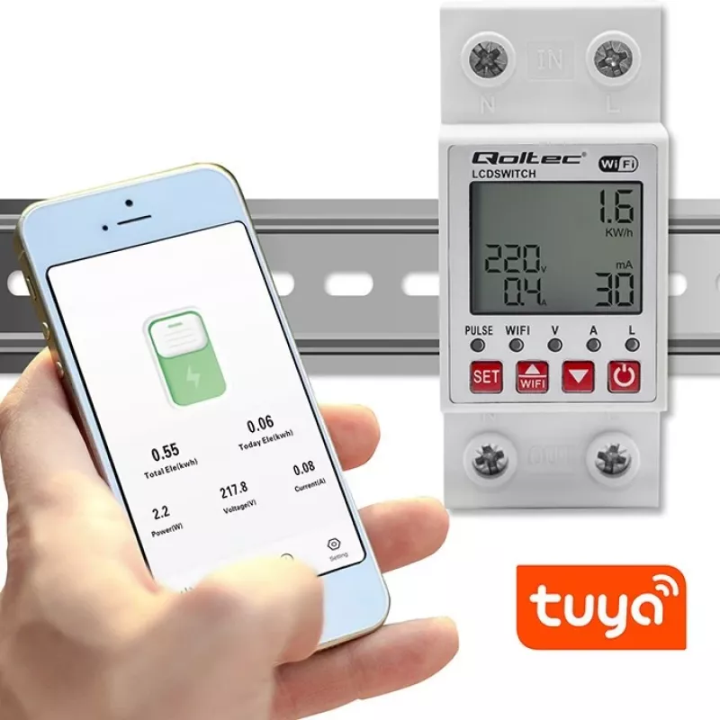 Przekaźnik WiFi na szynę DIN QOLTEC 50990, jednokanałowy, przełączanie 63A do pomiaru energii elektrycznej i zdalnego sterowania