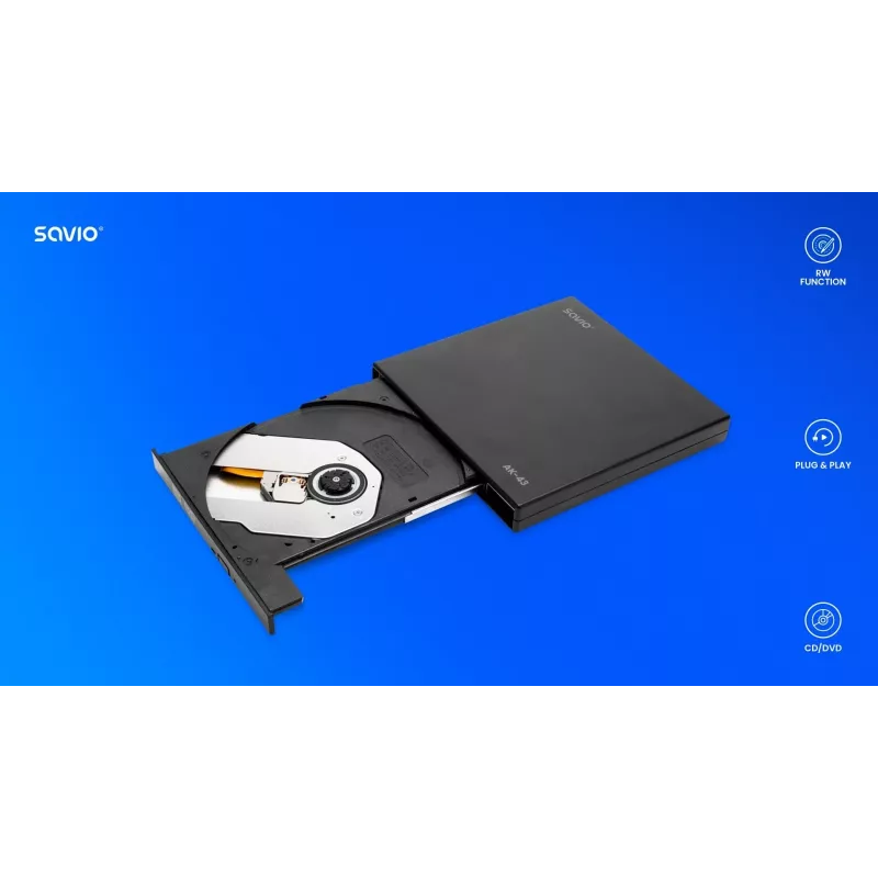 Zewnętrzny smukły napęd DVD±RW SAVIO AK-43, USB 2.0, czarny, obsługa odczytu/zapisu CD/DVD (24x CD, 8x DVD)